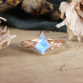 4 Prong Kite Cut 2 Carat Natural Moonstone Bridal Ring Nature Inspired Leaf Engagement Ring